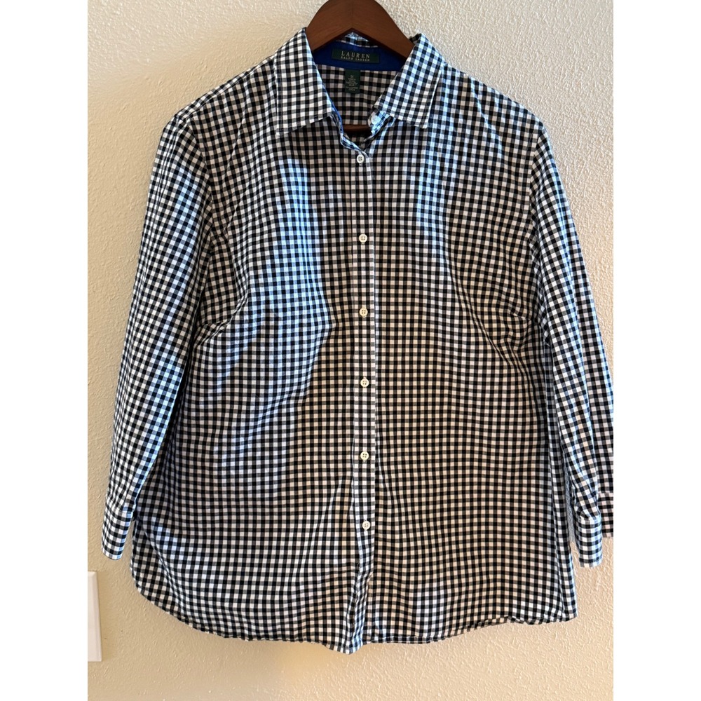 Lauren Ralph Lauren Gingham Button Down Shirt Black White Blue Trim 1X Cotton